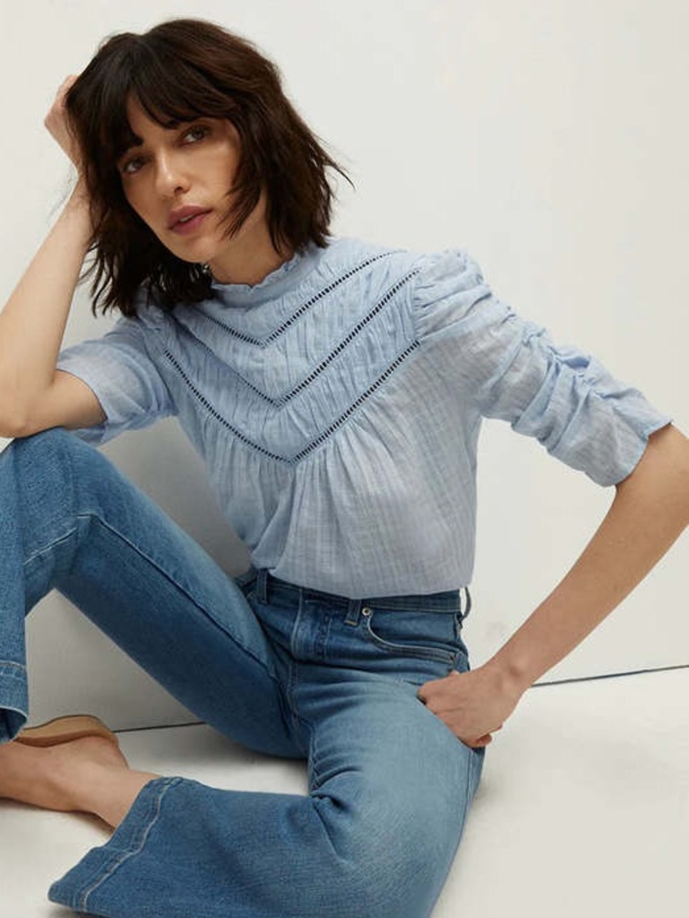 Light Blue Ruffle Yoke Blouse